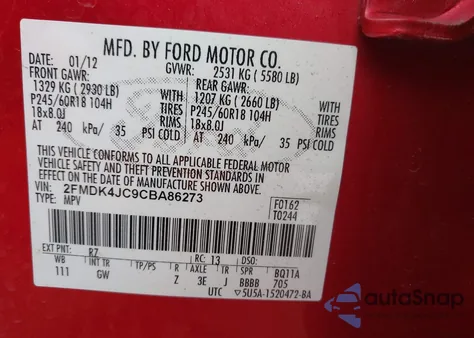 2012 Ford Edge Sel from USA, damaged, VIN 2FMDK4JC9CBA86273